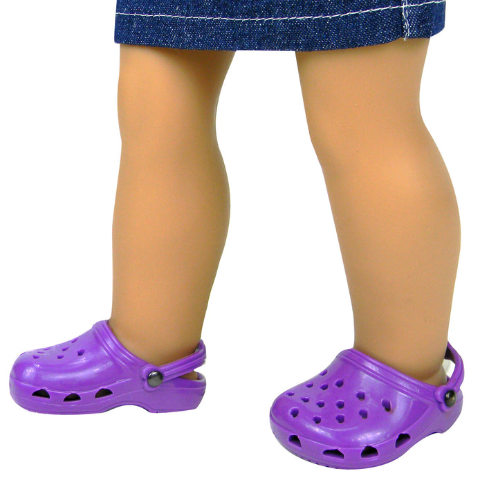 A pair of purple garden clogs for 18" dolls.