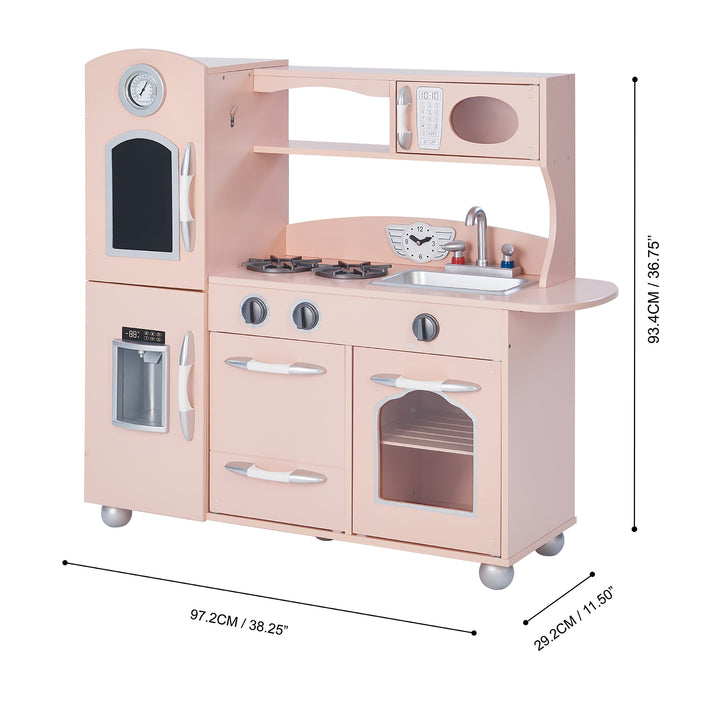Teamson Kids Little Chef Westchester Retro Play Kitchen, Pink with dimensions indicated and interactive features.