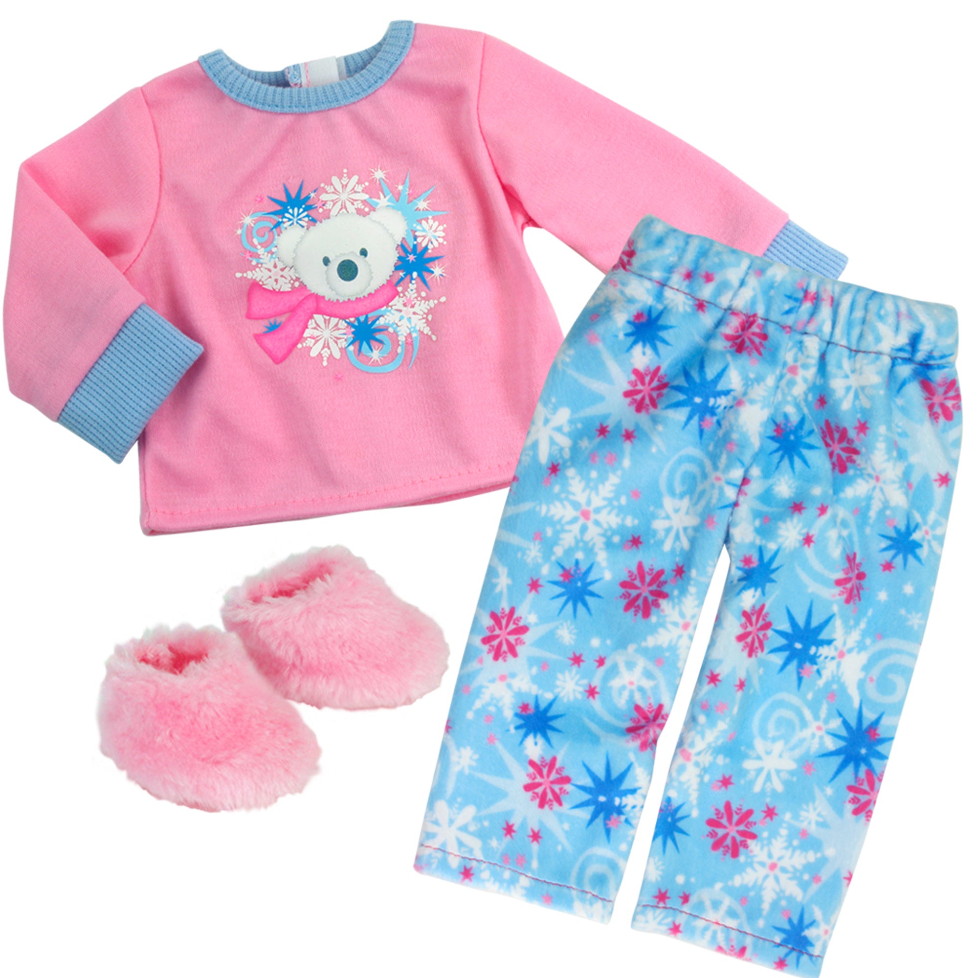 Sophia's 3 Piece Winter Pajamas with Polar Bear Shirt, Fleece Pants and Slippers for 18" Dolls, Pink/Blue