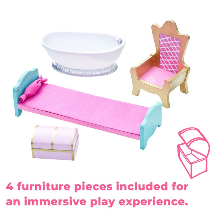 4 Fantasy Fields Kids Dreamland Castle Vanity Set with Chair and Accessories, White/Pink pieces included for an immersive play experience.