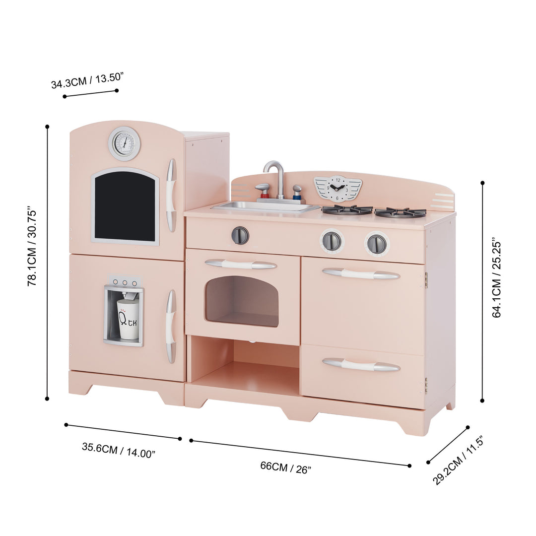 Teamson Kids Pink Little Chef Fairfield Retro Kids Kitchen Playset with Refrigerator with labeled measurements.