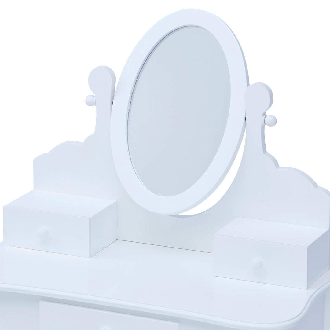 A Fantasy Fields Little Princess Rapunzel Vanity with Mirror, Drawers and Stool in white.