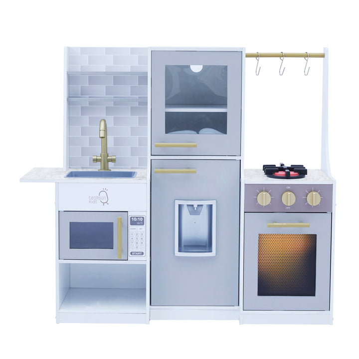 Teamson Kids Little Chef Lyon Complete Wooden Kitchen Set with Hydroponic Garden, Refrigerator and Accessories, Gray without anything in the fridge door.