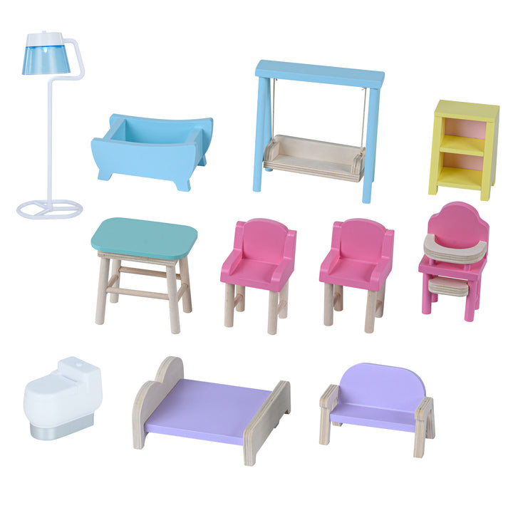 The accessories that come with the dollhouse: white and blue floor lamp with on/off light, blue bathtub, blue and wooden swing, yellow bookshelf, aqua and wood table, two pink and wood chairs, pink high chair, white toilet, a wooden and purple bed, a wooden and purple sofa.