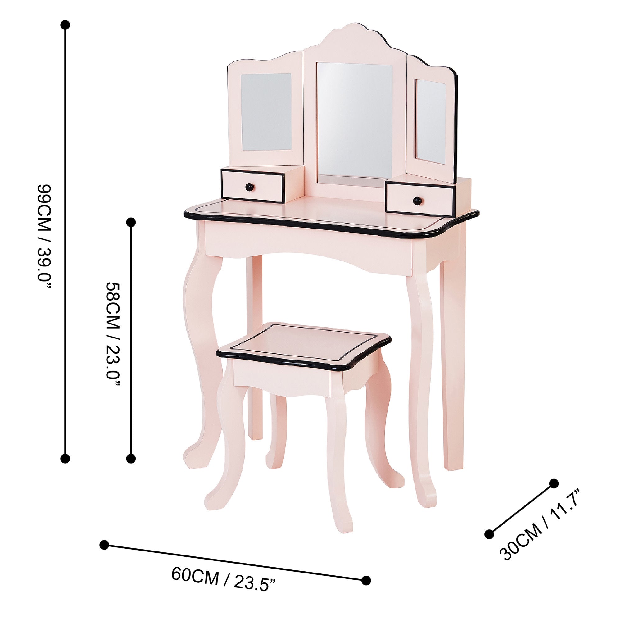 Fantasy Fields Kids Little Lady Adriana Vanity Set with Tri-Fold Mirror and Chair, Pink/Black