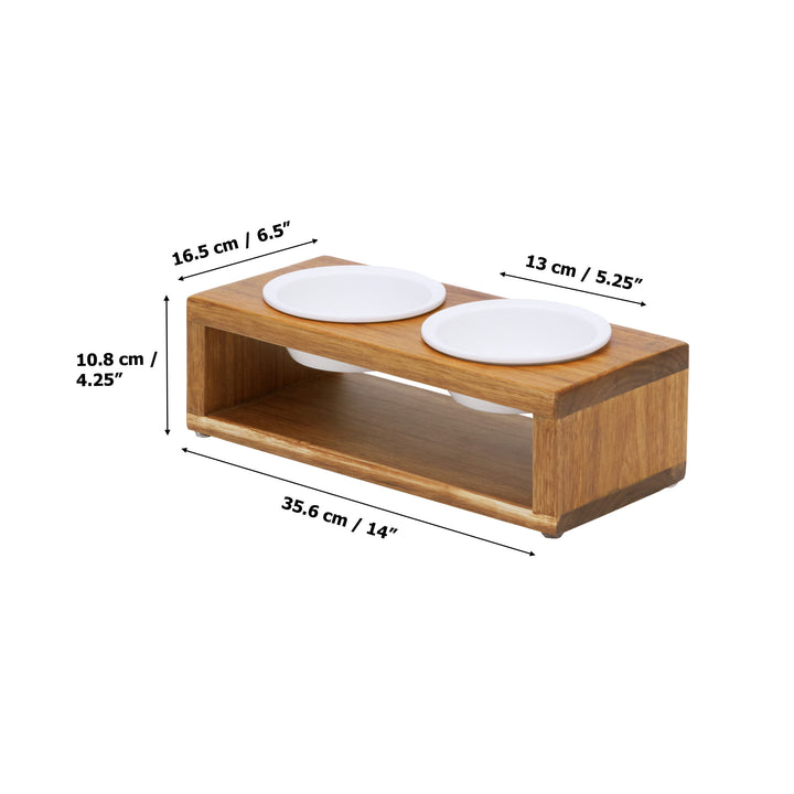 Dimensions listed in inches and centimeters for aBillie Small Elevated Wood Pet Feeder with a wood grain finish.