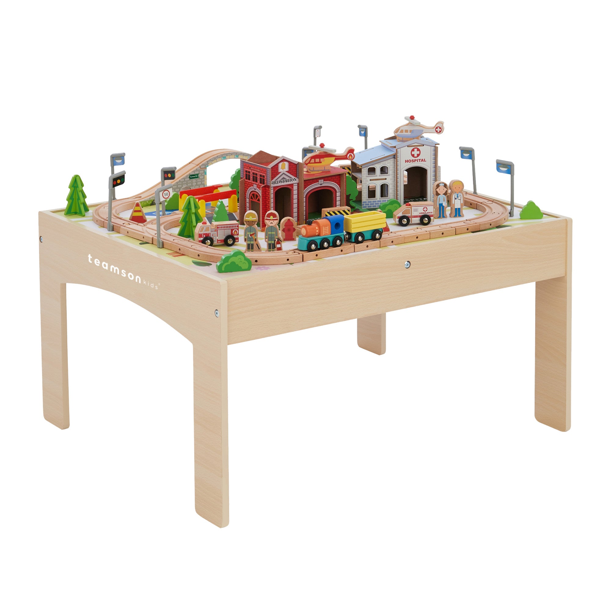 Teamson Kids Preschool Play Lab Toys Wooden Table with 85-pc Train and Town Set, Natural