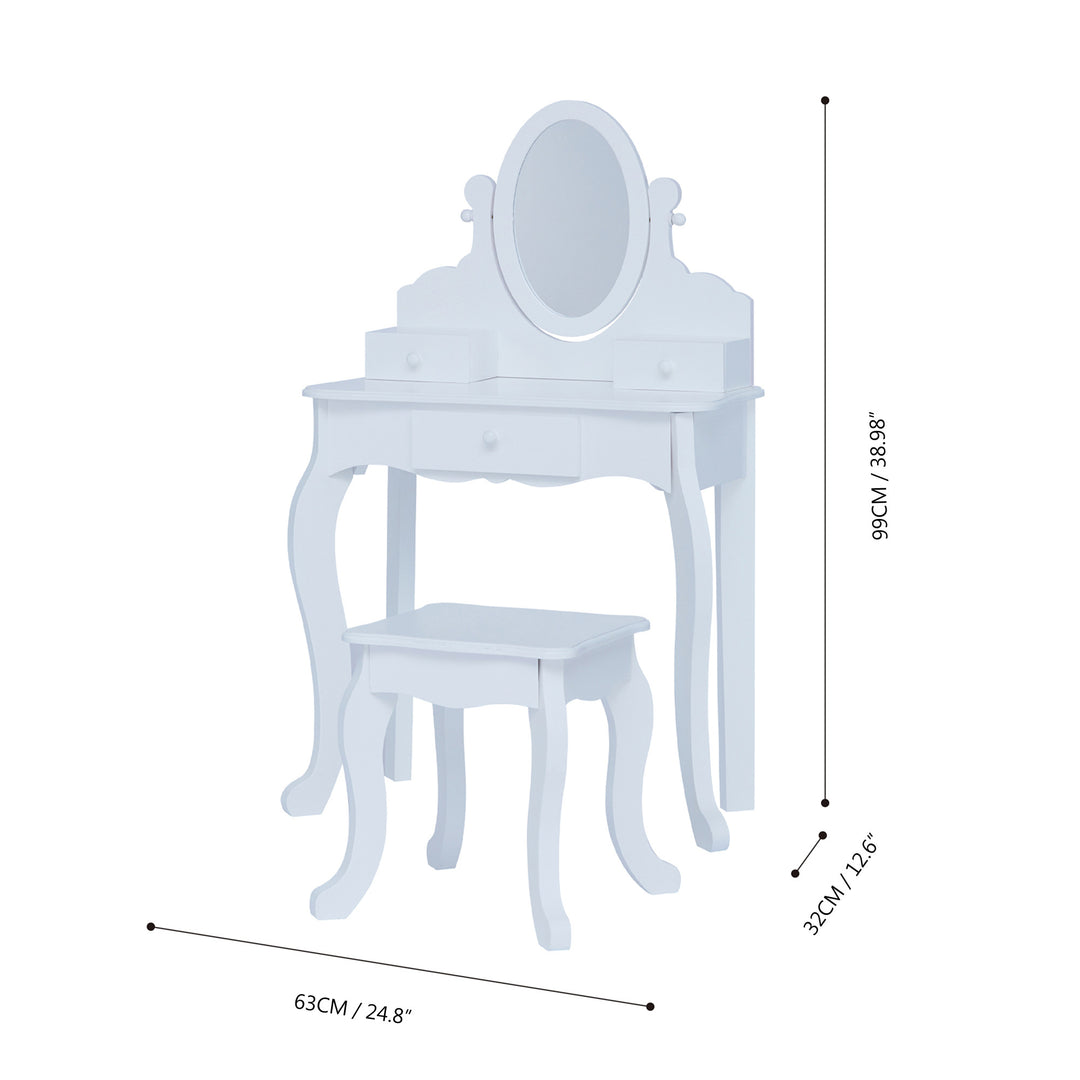 The dimensions in inches and centimeters of the white vanity set with oval mirror, storage drawers, and matching stool.