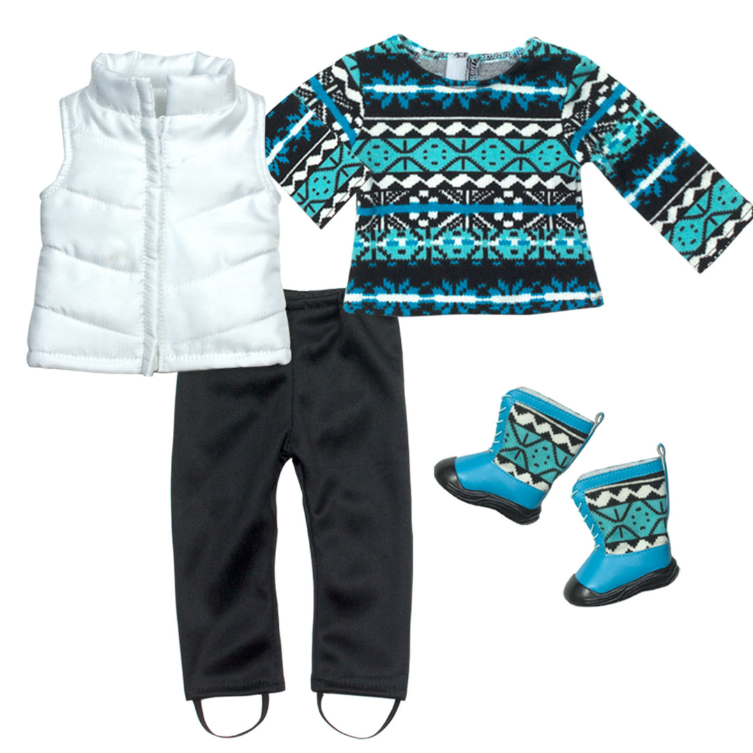 A white puffy vest, a blue, black, white sweater, black leggings, and black and blue boots.