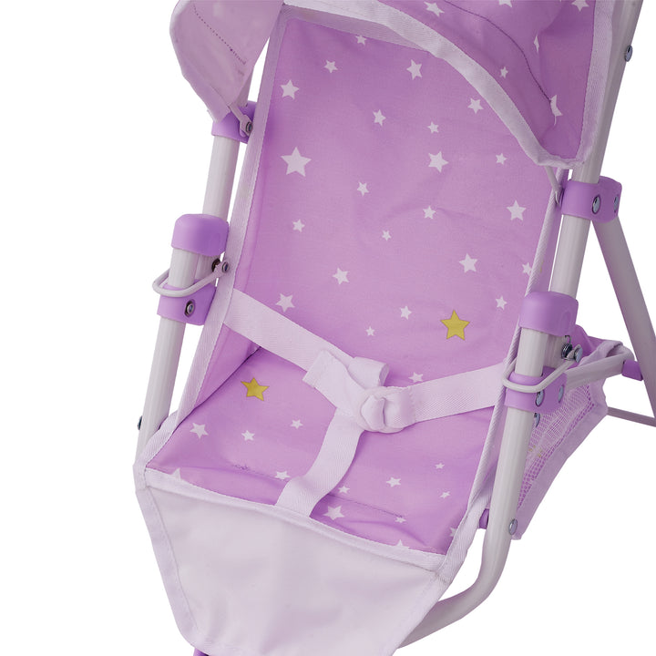 Close-up of the seat and seat belt harness for  a purple with white stars baby doll jogging stroller with purple wheels and a white frame.