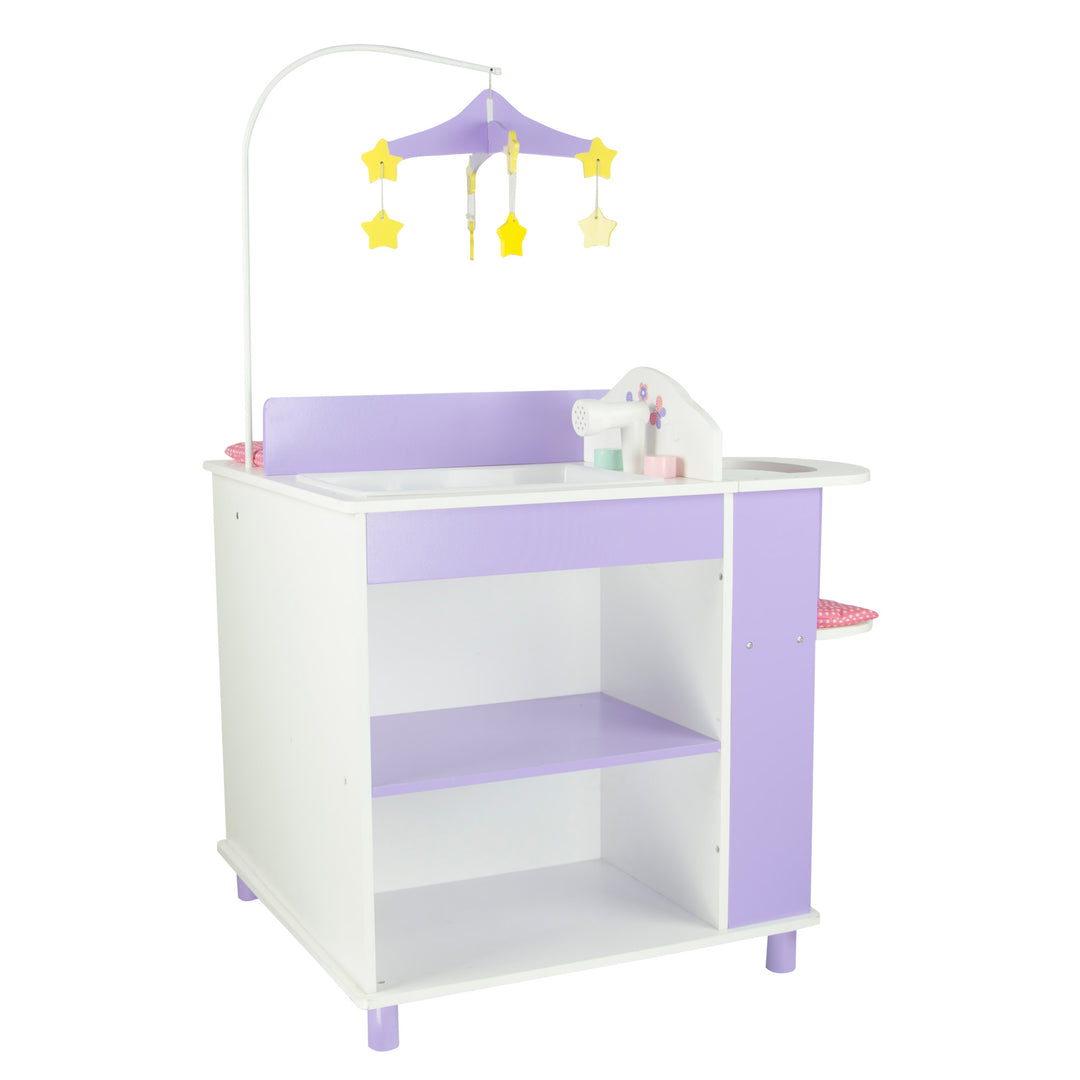A view of the baby doll changing station from the side with storage shelves and the sink in white and purple.