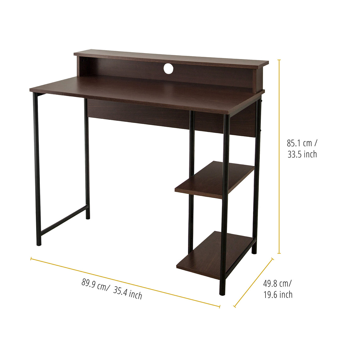 Dimensions in inches and centimeters of the Teamson Home Computer Desk with Metal Base and Storage, Walnut Finish/Black