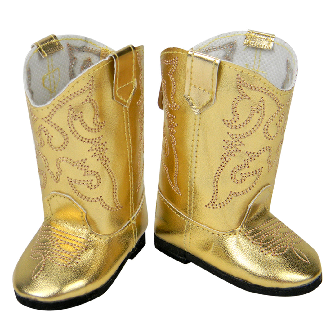 Sophia’s Gender-Neutral Western Faux Leather Cowboy Boots with Traditional Embroidered Details and Zip-Up Back for 18” Dolls, Gold