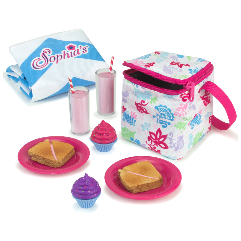 A Sophia’s Picnic Lunch Set with Food and Cooler for 18" Dolls with food on plates, drinks, sandwiches, cupcakes, plates and a picnic blanket.