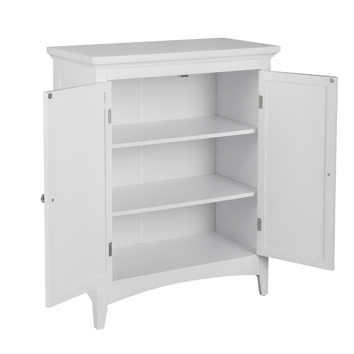 White Glancy 2-Door Floor Cabinet with Louvered Doors, Chrome Knobs with the doors open fully to reveal the interior shelves