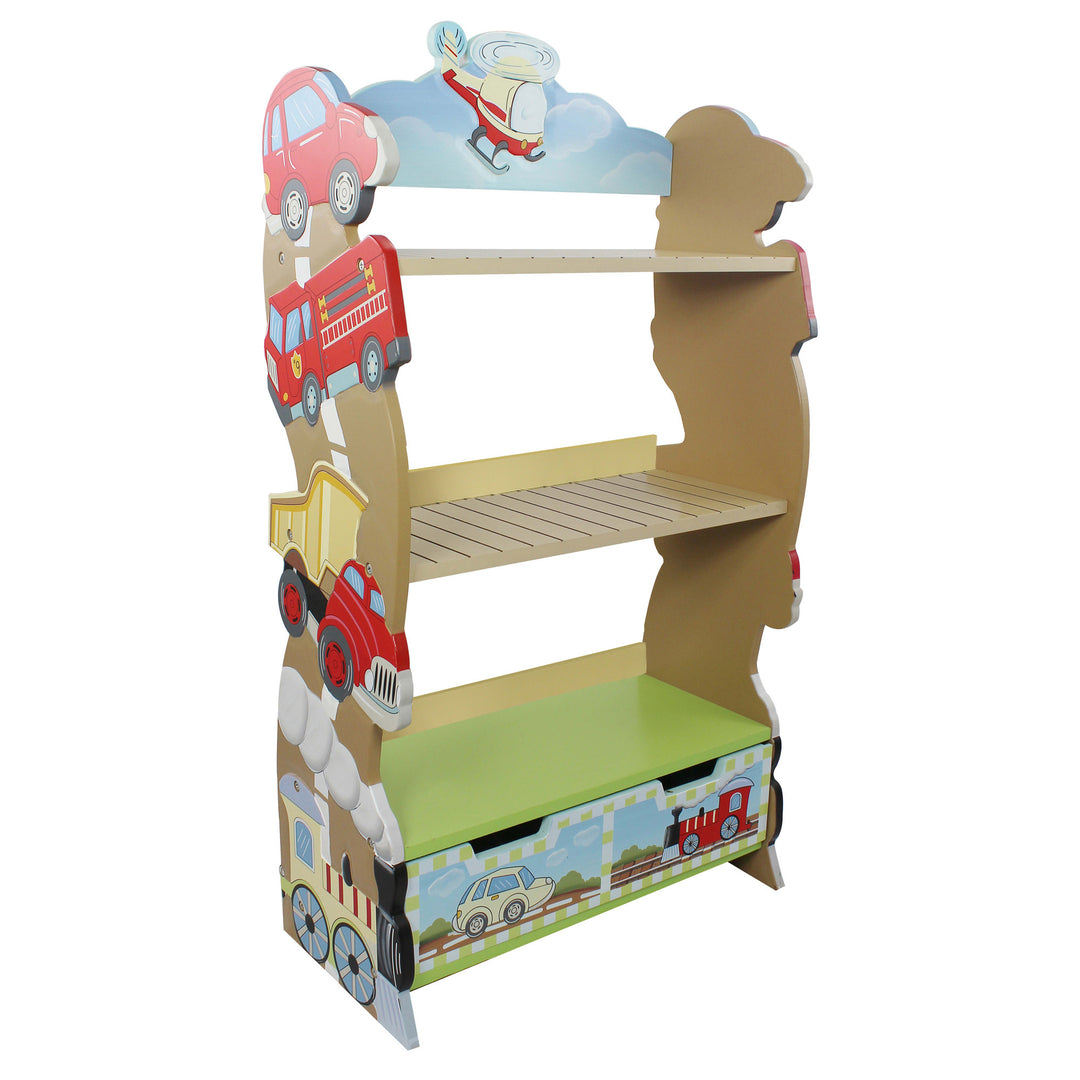 Fantasy Fields Kids Transportation Themed Wooden Bookshelf with Storage Drawer, Multicolor, offering ample storage.