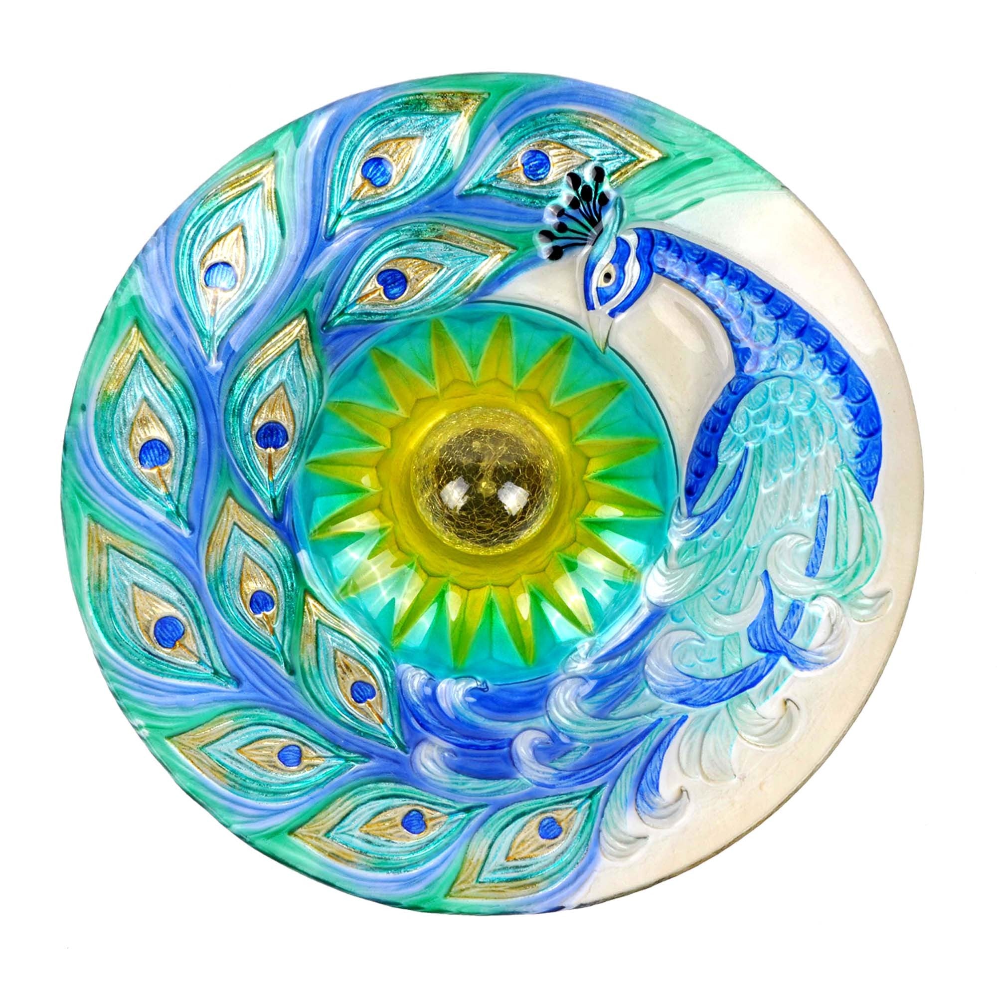 Teamson Home 18" Outdoor Solar Glass Peacock Birdbath with LED Lights and Stand, Multicolor