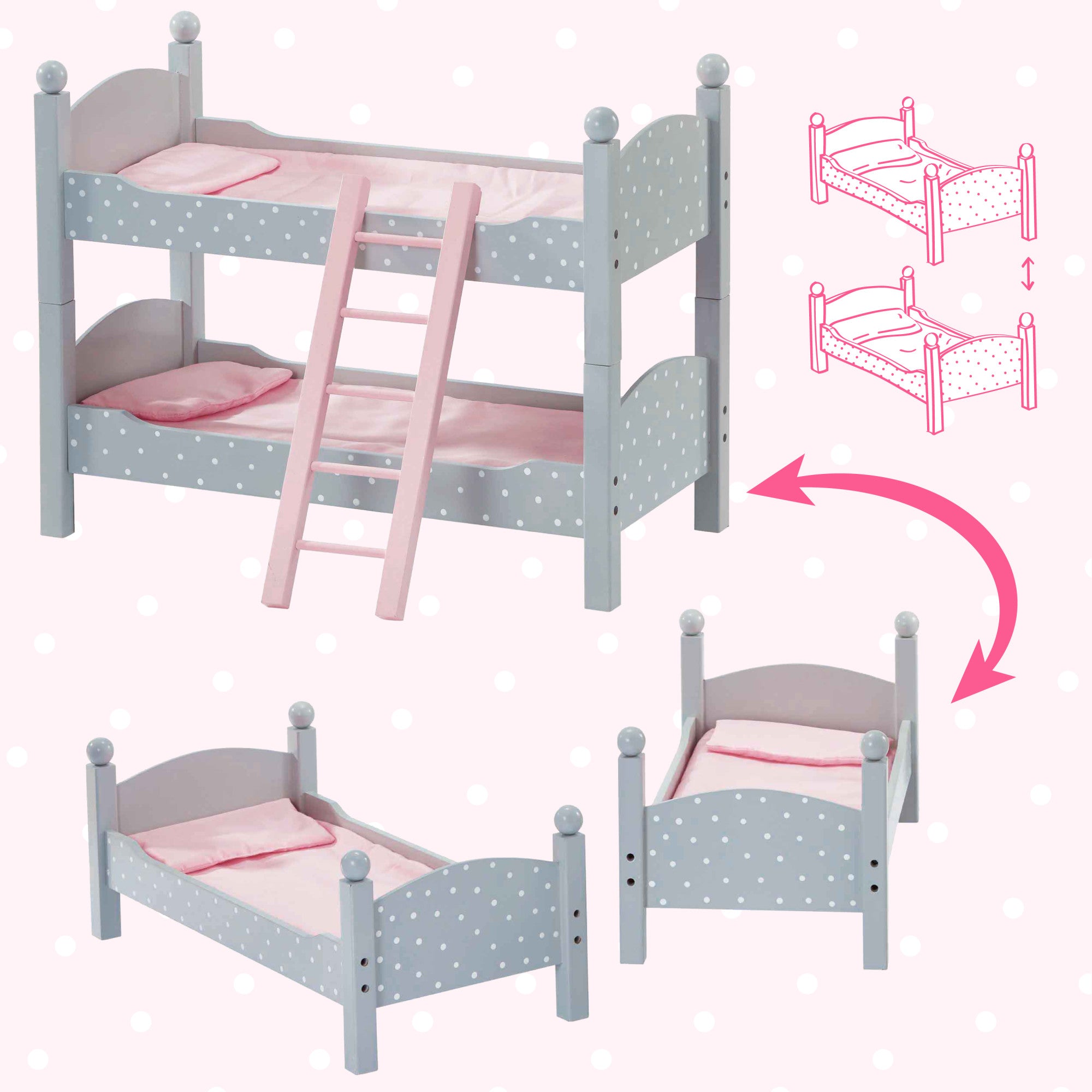 Olivia's Little World Polka Dots Princess Double Bunk Bed for 18" Dolls, Gray