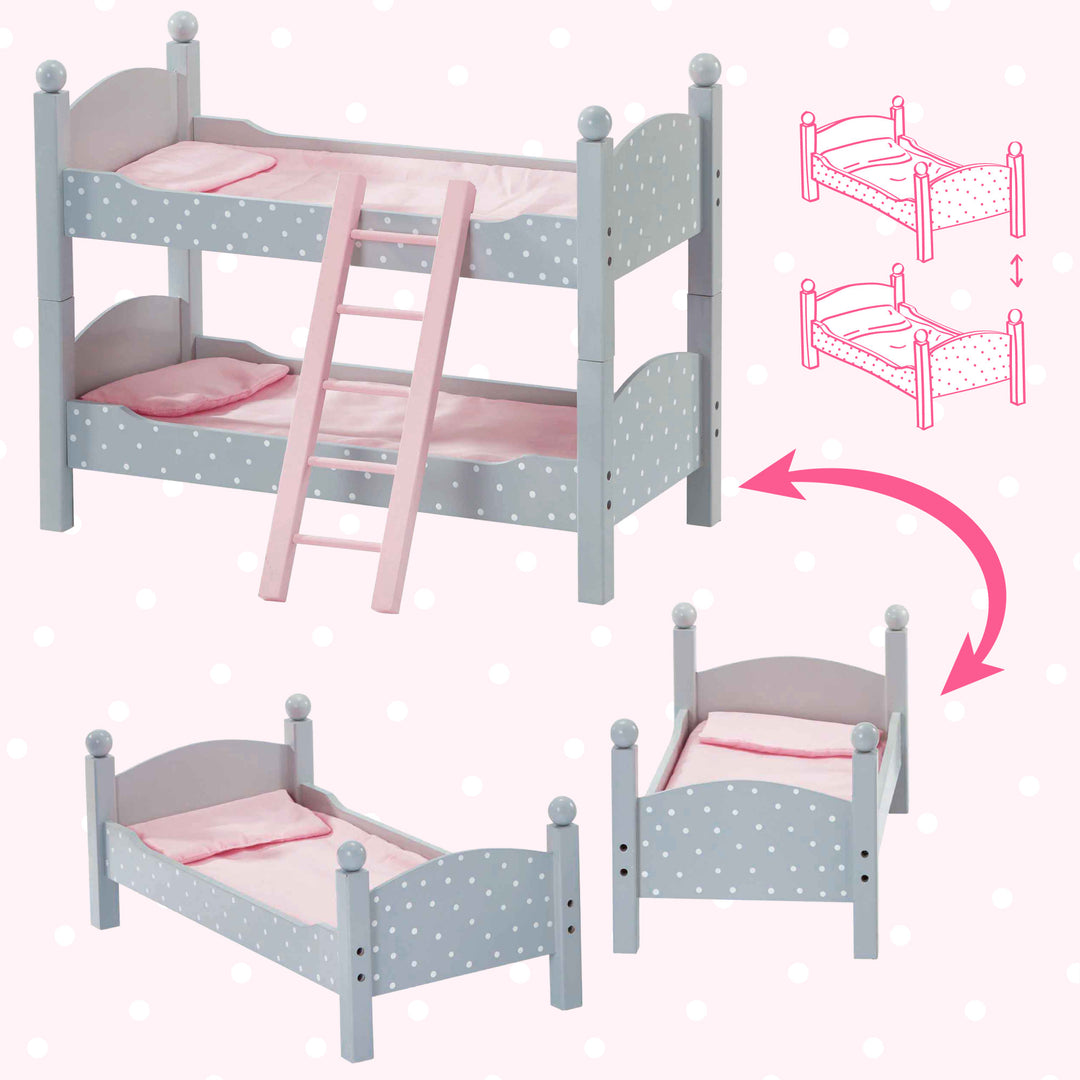 A graphic illustrating a gray bunk bed with white polka dots stacked, and then separated into single beds.