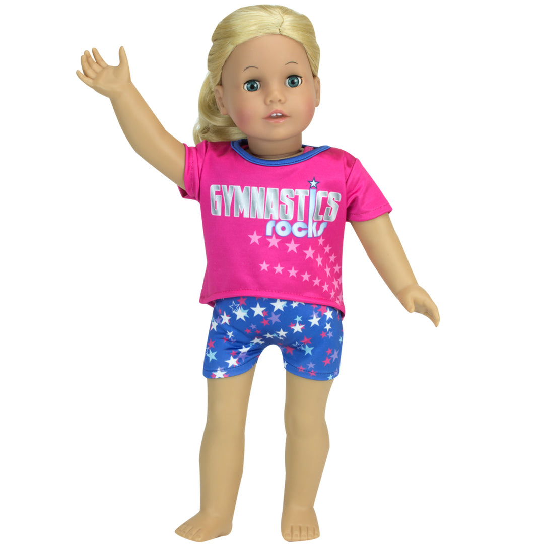 Sophia’s Star Print Gymnastics Leotard & Oversized Matching T-Shirt Complete Athletic Outfit Set for 18” Dolls, Blue/Hot Pink