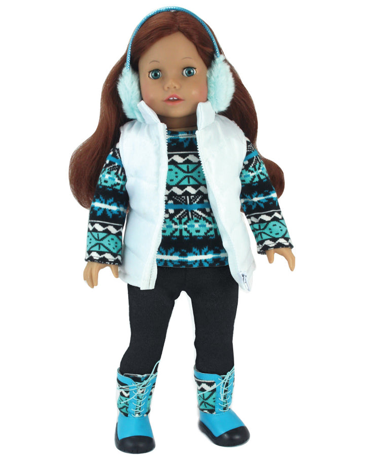 A 18" girl with brown hair, and a blue, black, and white sweater, black leggings, a white puffy vest, bue earmuffs, and blue and black boots.