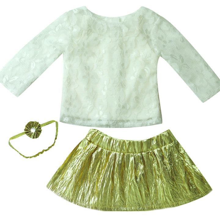 Sophia's 3 Piece Lace Shirt, Metallic Tutu Skirt and Matching Headband for 18" Dolls, Ivory/Gold