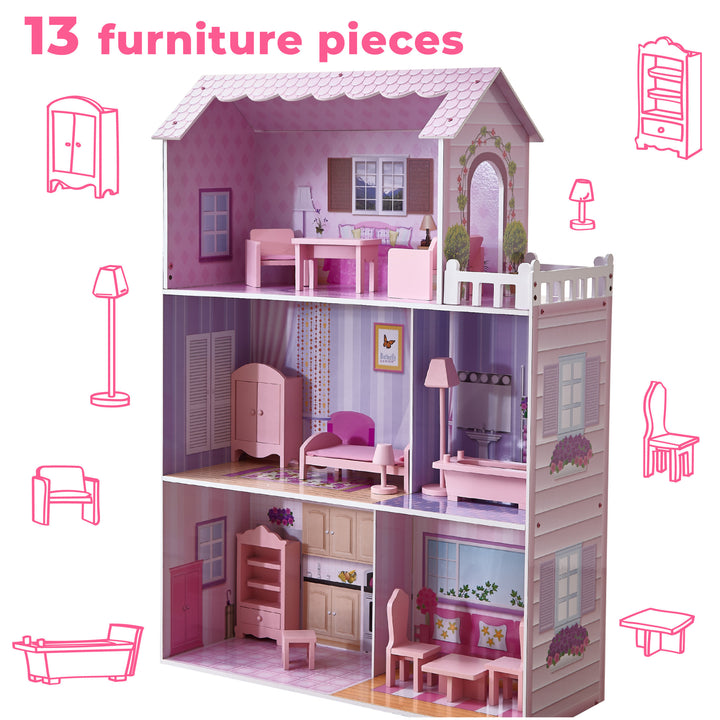 A three-story dollhouse with 13-piece accessory set with icons and a caption, "13 furniture pieces"