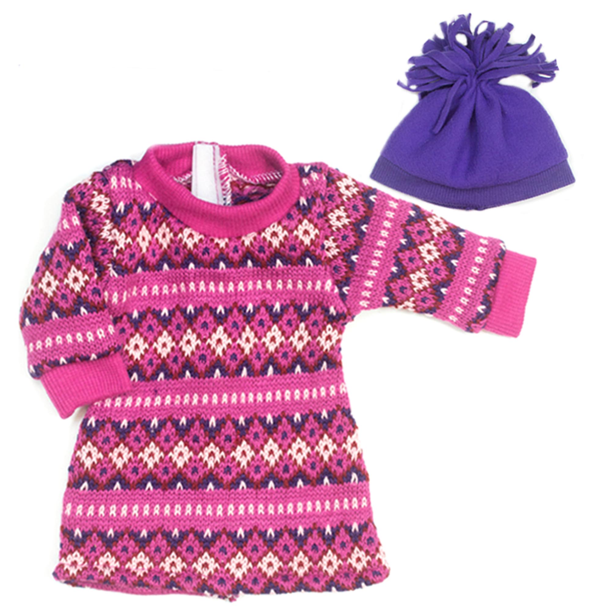 Sophia’s Mix & Match Fair Isle Pattern Knit Long-Sleeved Sweater Dress & Winter Pom-Pom Hat for 18” Dolls, Hot Pink/Purple