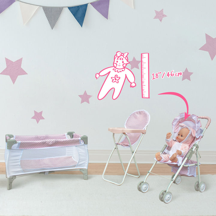 A picture in a playroom featuring a high chair, a stroller, and a play pen with an icon indicating that the pieces accommodate dolls up to 18 inches.