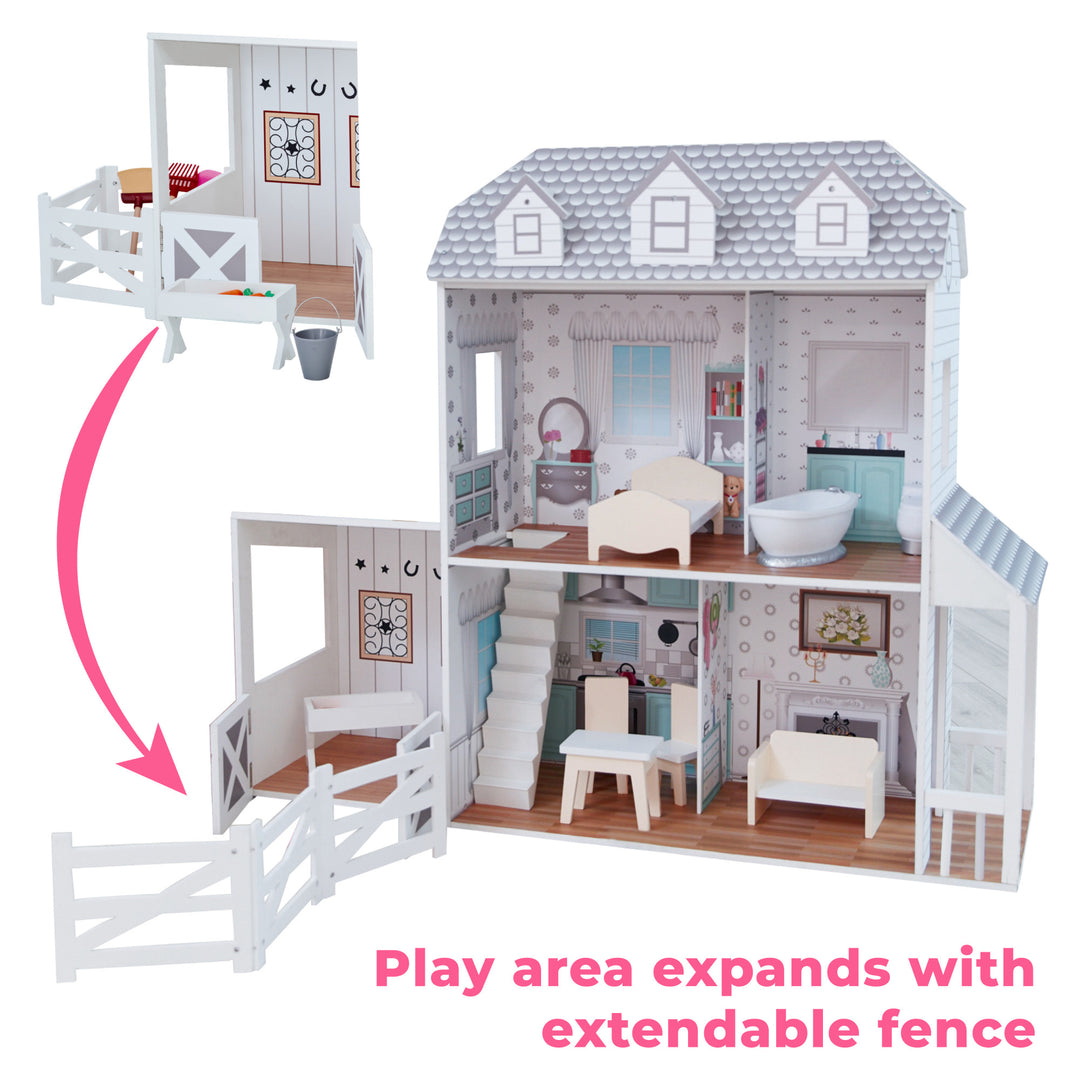 Play area expands with extendable fence to include kid-sized dimensions for the Teamson Kids Dreamland Farm Dollhouse with 14 Accessories, White/Gray.