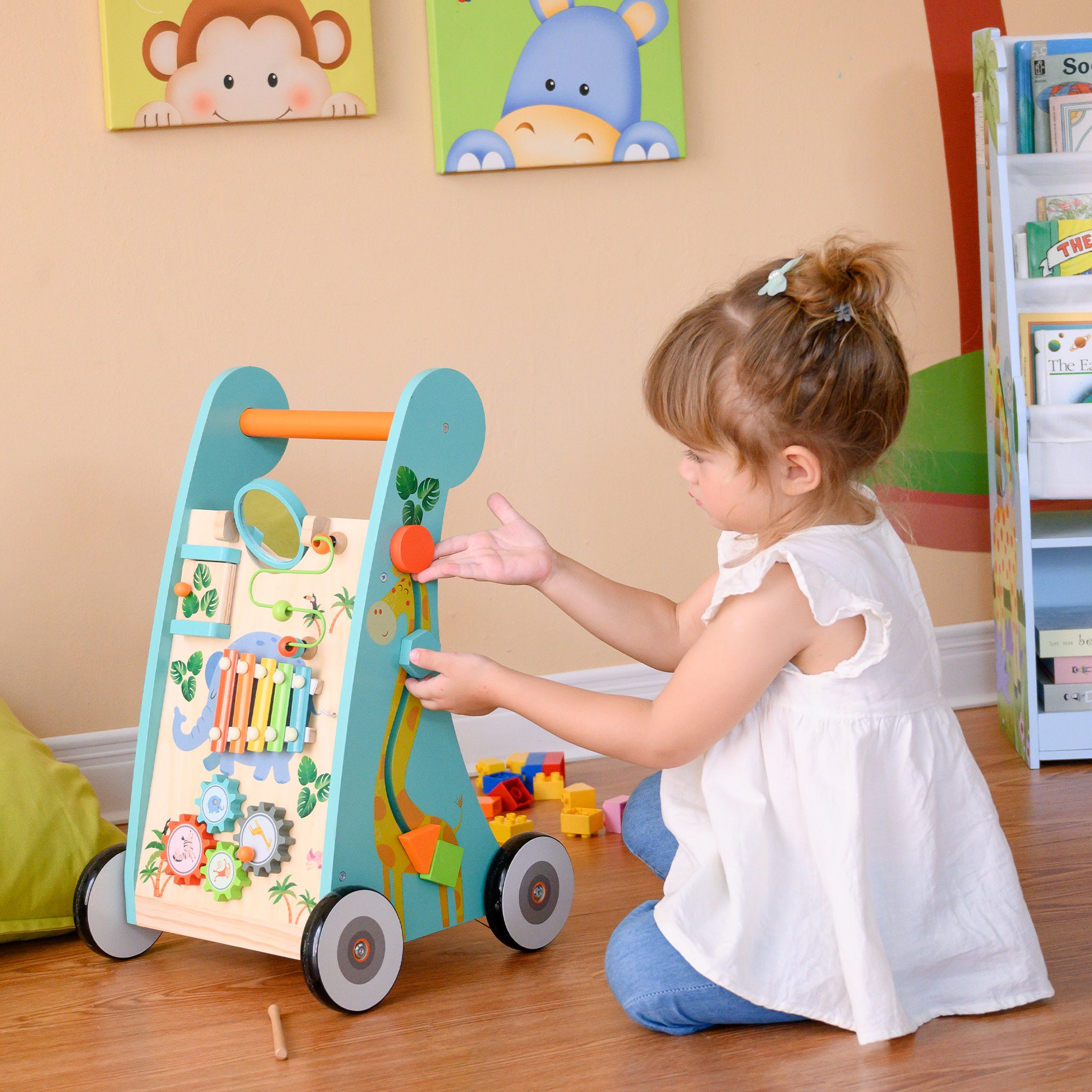 Teamson Kids Preschool Play Lab Wooden Baby Walker and Activity Station, Natural/Blue