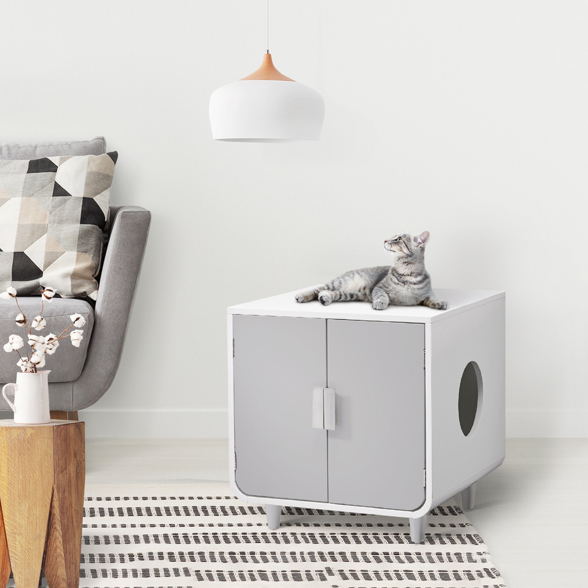 Teamson Pets Dyad Wooden Cat Litter Box Enclosure and Side Table, Alpine White