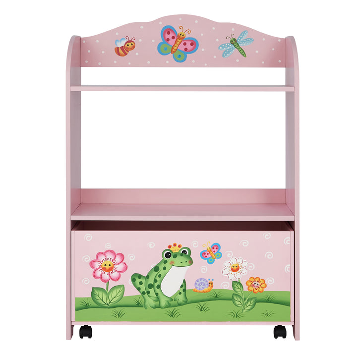 A view of the pink toy organizer from the front with a full view of the illustrations of butterflies, dragonflies, bees, flowers, and a frog on a pink fixture.