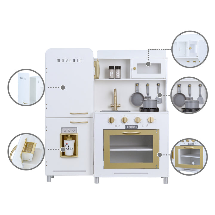 Teamson Kids Little Chef Mayfair Classic Kids Kitchen Playset with 11 Accessories, White/Gold with interactive features, including various accessories and detailed close-up insets.