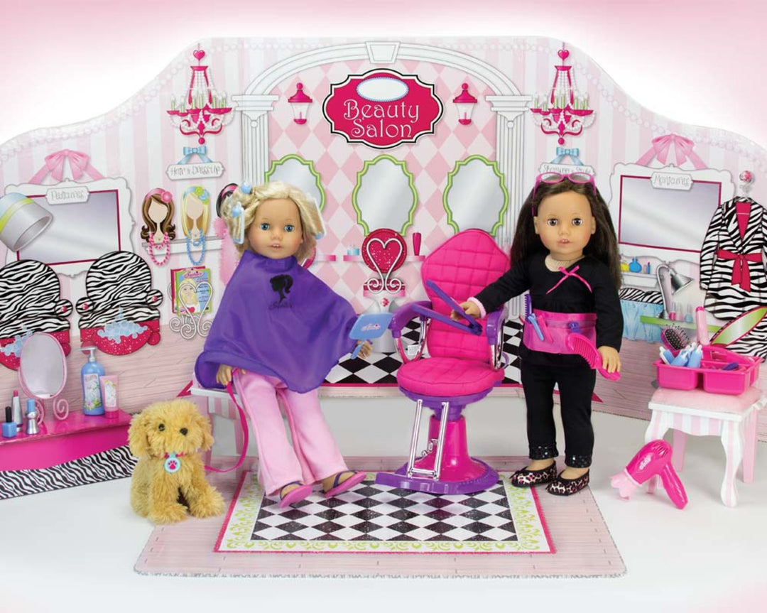 A blonde doll holding onto a pink leash with her puppy waiting to sit down in a salon chair while a brunette doll waits to do her hair.