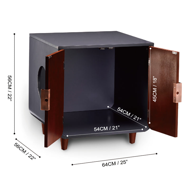 Teamson Pets Small Dyad Wooden Cat Litter Box Enclosure with the doors open with the dimensions in inches and centimeters.