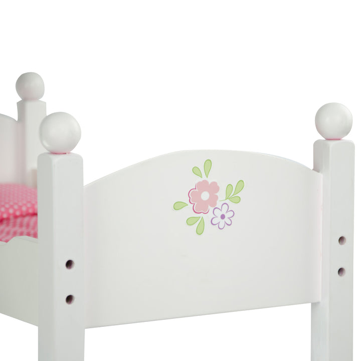 A Olivia's Little World Polka Dots Princess 18" Doll Bunk Bed, Gray with pink and white flowers on it, perfect for 18" dolls.