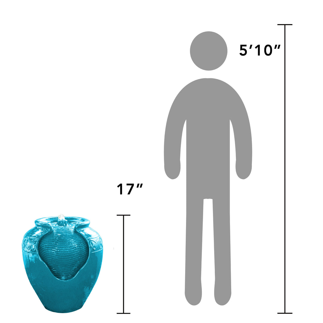 Size comparison between a 17-inch tall vase and a Teamson Home Outdoor Glazed Pot Floor Fountain with LED Lights, Teal standing at 5 foot 10 inches.