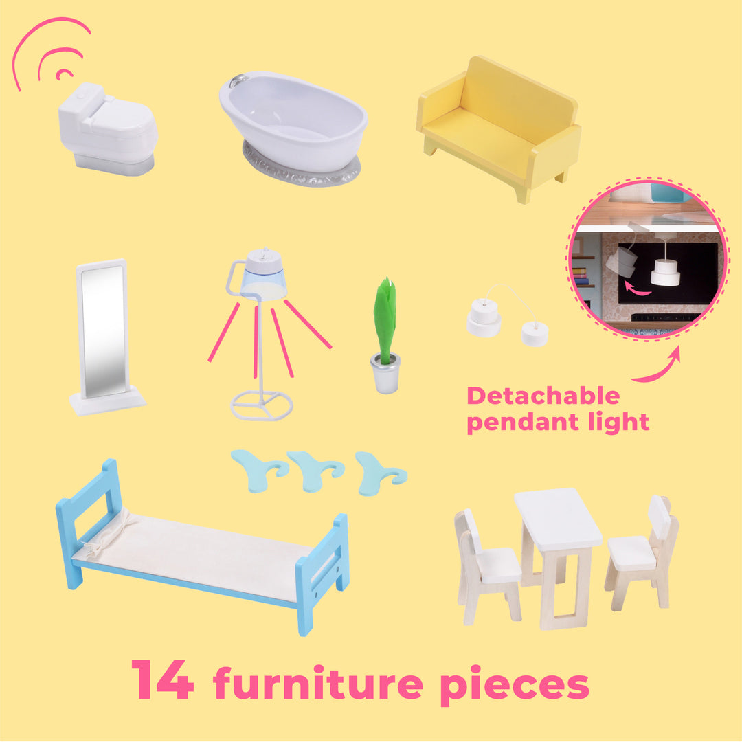 Infographic featuring the 14-piece accessory set: toilet, bathtub, yellow sofa, detachable pendant, potted plant, floor lamp, full-length mirror, bed, hangers and a table with two chairs.