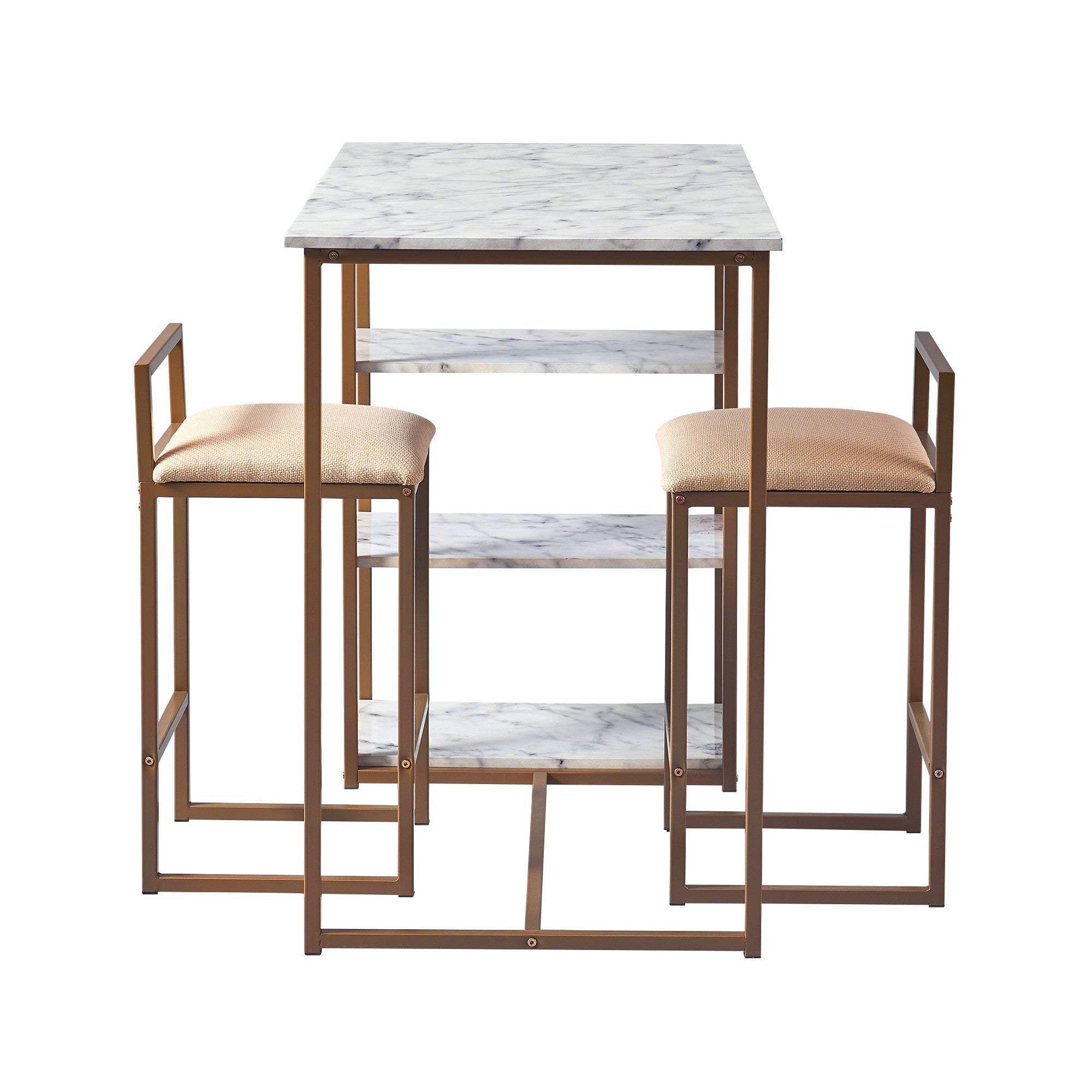 Teamson Home Marmo Modern Marble-Look Breakfast Table Set with 2 Stools and Storage, Marble/Brass