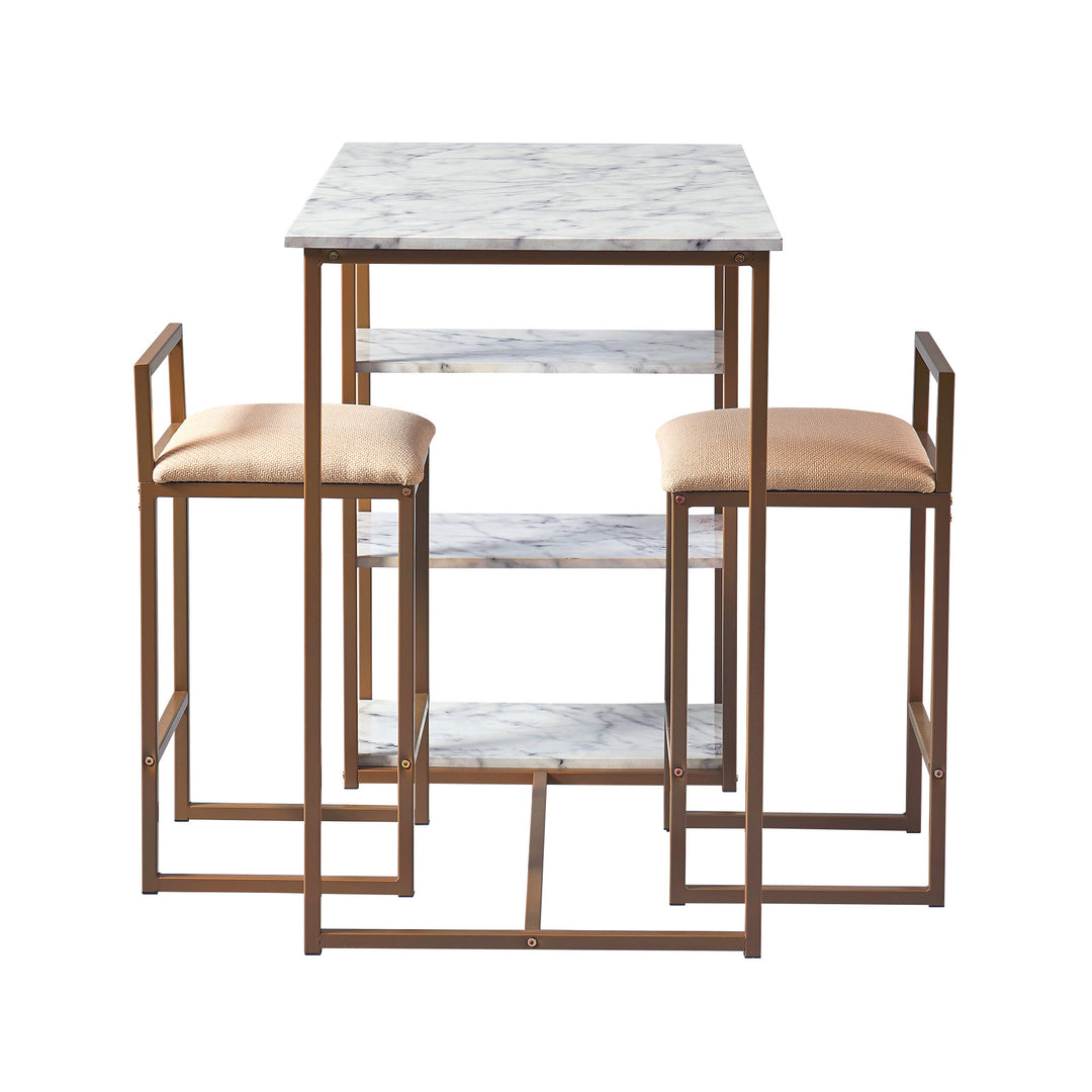 Side view of the Teamson Home Marmo Modern Breakfast Table Set in Faux Marble/Brass with the shelving on the side visable