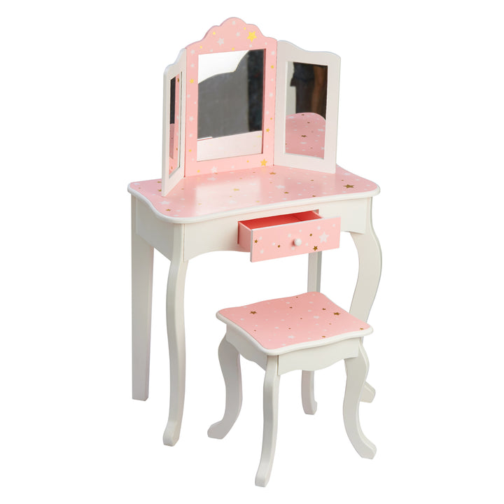 A pink and white Fantasy Fields Gisele Play Vanity Set with Mirrors, Pink/White dressing table with a mirror and stool.