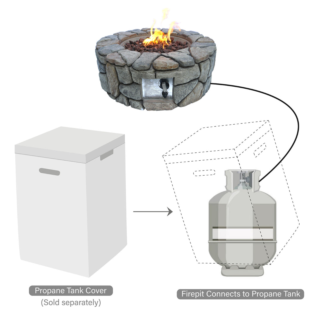 Teamson Home 28" Outdoor Round Stone Propane Gas Fire Pit connected to a propane tank with a separate tank cover for enhanced outdoor décor.