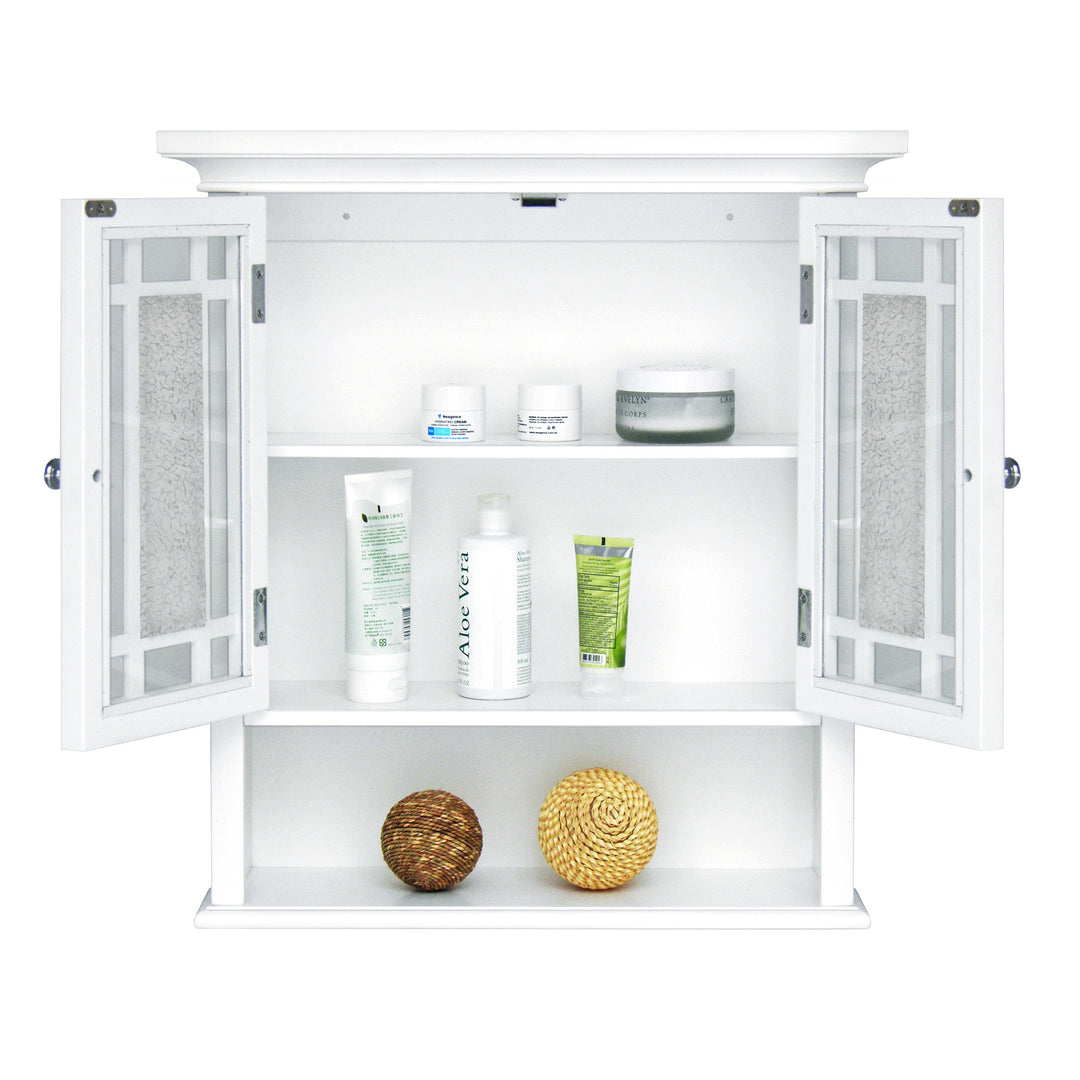 A Teamson Home White Windsor Removable Wall Cabinet with Glass Mosaic Doors open with toiletries on the internal and external shelves