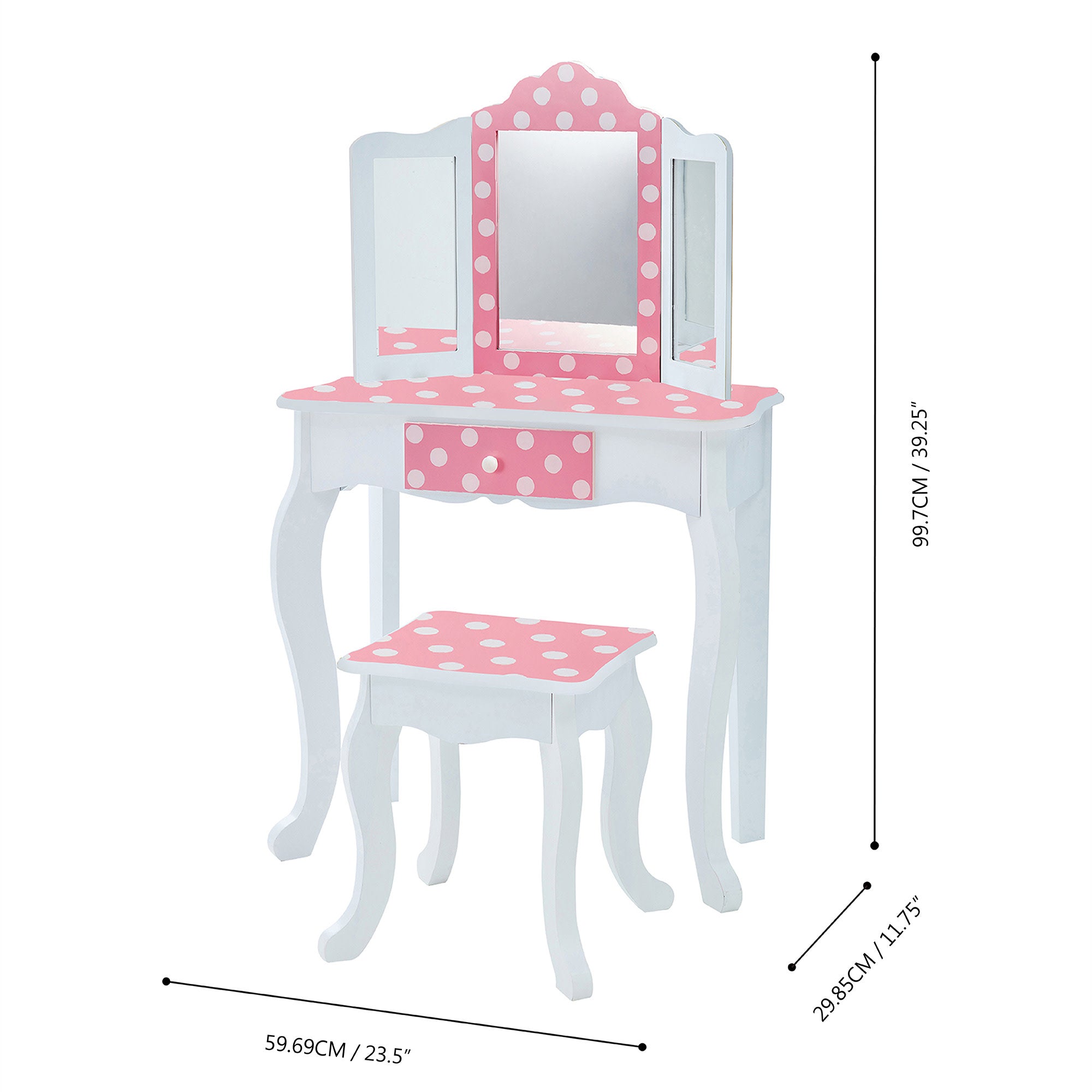 Teamson Kids Gisele Polka Dot Vanity Set with Tri-Fold Mirror, Pink/White