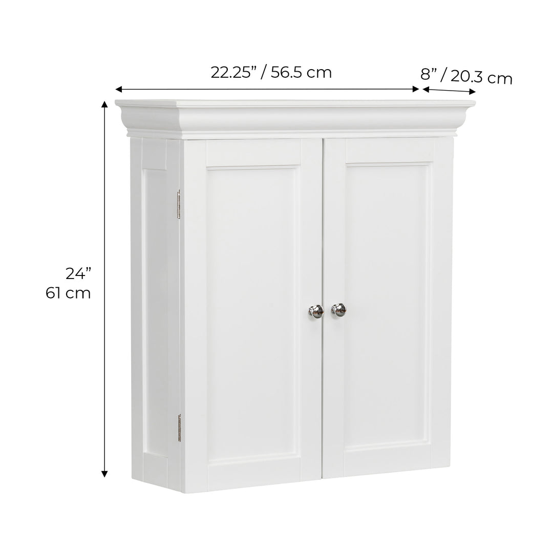 Teamson Home White Stratford Removable Wall Cabinet with dimensions labeled in inches and centimeters.