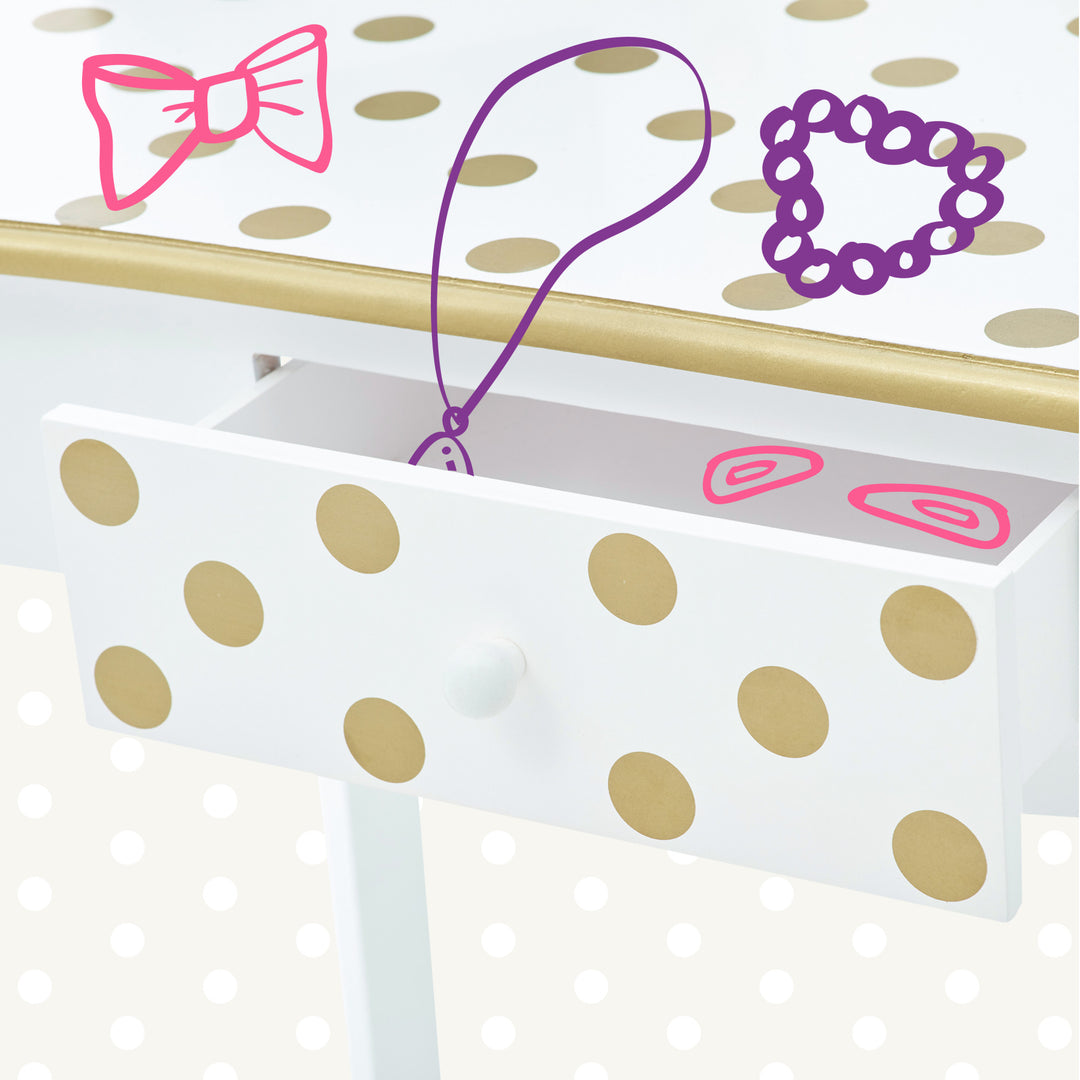 A Teamson Kids Gisele Polka Dot Vanity Playset, White / Gold dresser with polka dots and a pink bow.