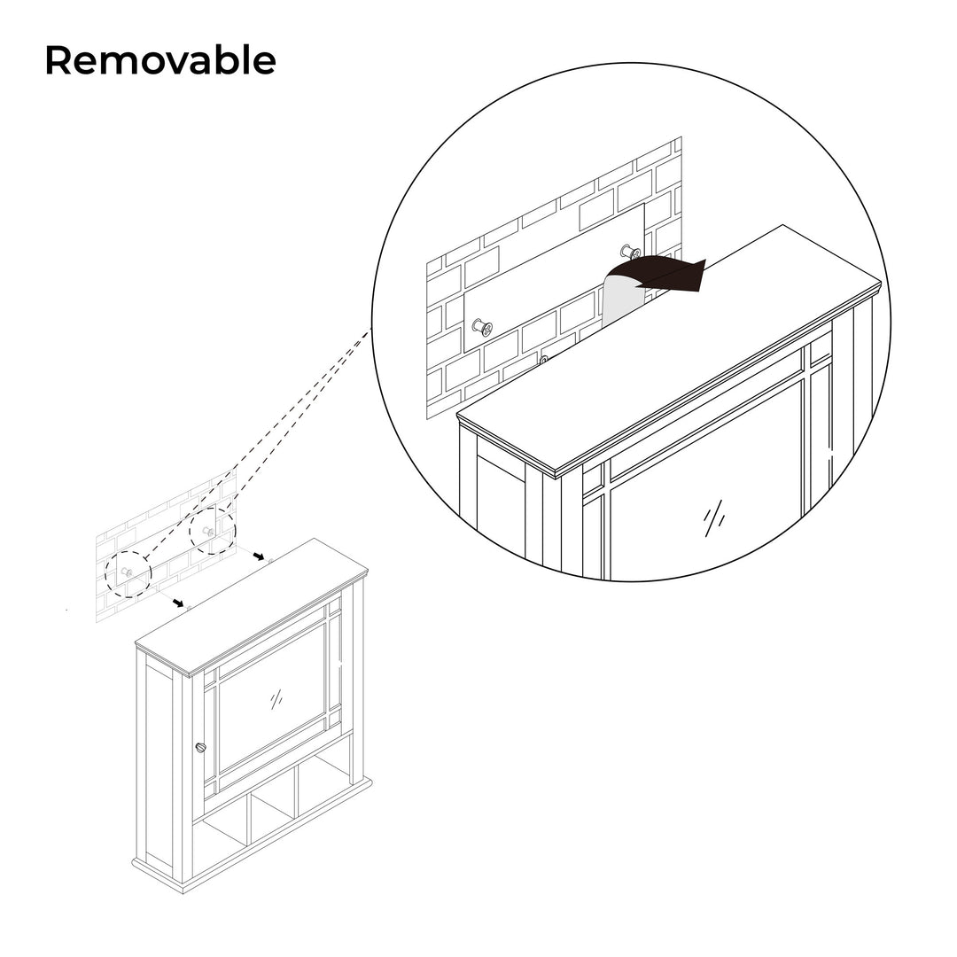 Exploded view illustration showing the removable process of a White Teamson Home Neal Removable Mirrored Medicine Cabinet with open shelvingfrom a wall-mounted storage position.