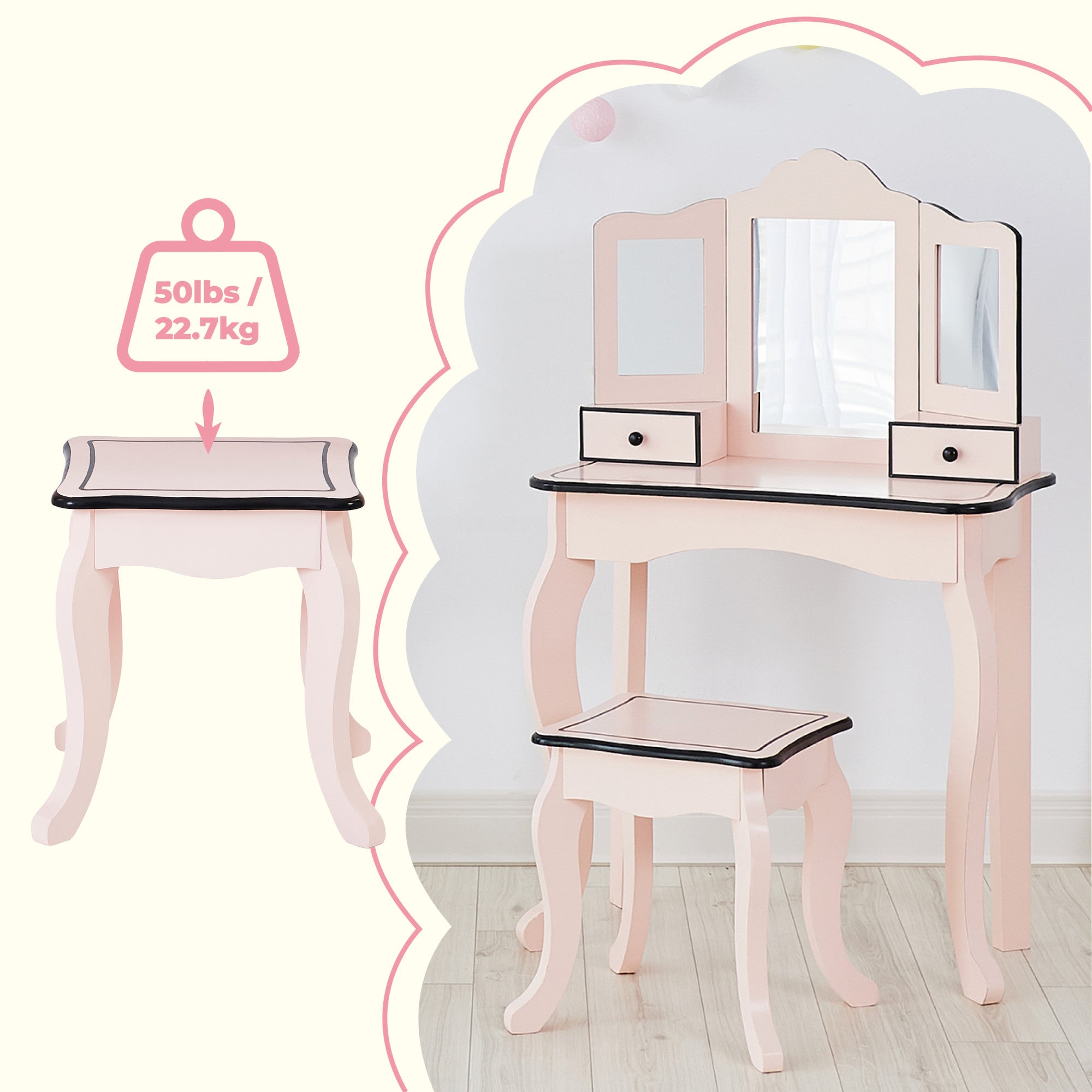 Fantasy Fields Kids Little Lady Adriana Vanity Set with Tri-Fold Mirror and Chair, Pink/Black