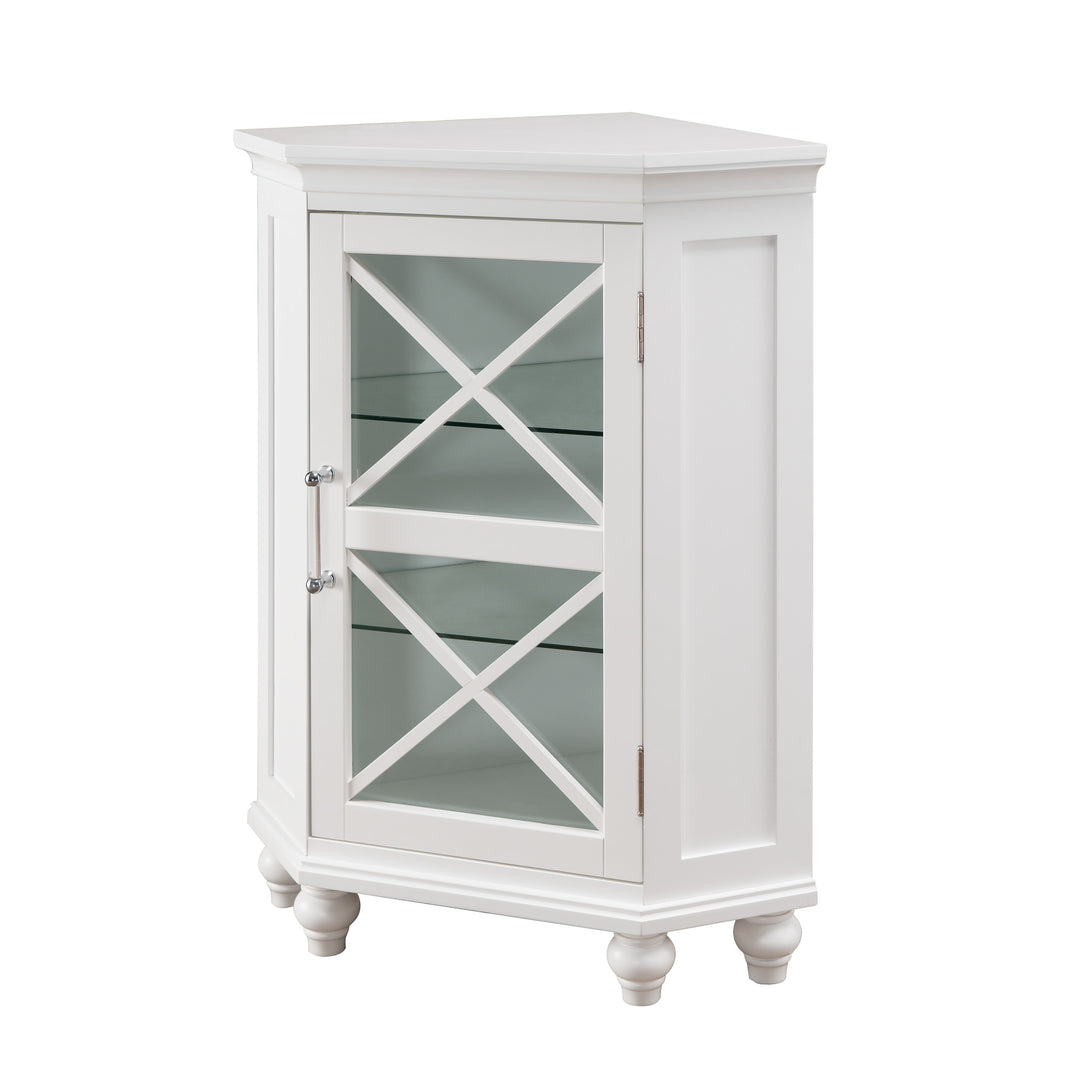 White Teamson Home Blue Ridge Corner Floor Cabinet with glass panel door and chrome and white pull handle